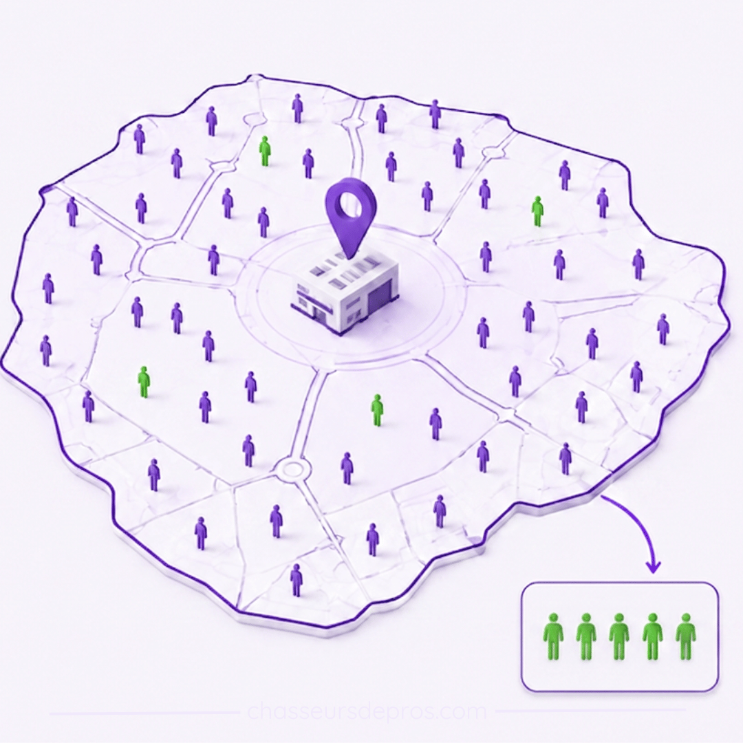 Carte montrant les professionnels déjà en poste autour de votre dépôt, et ceux que vous pouvez désormais contacter.