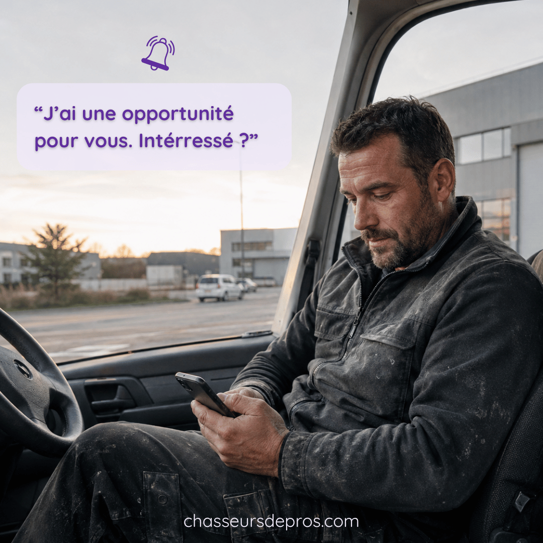 Professionnel du bâtiment dans son véhicule recevant une notification : « J'ai une opportunité pour vous. Intéressé ? »